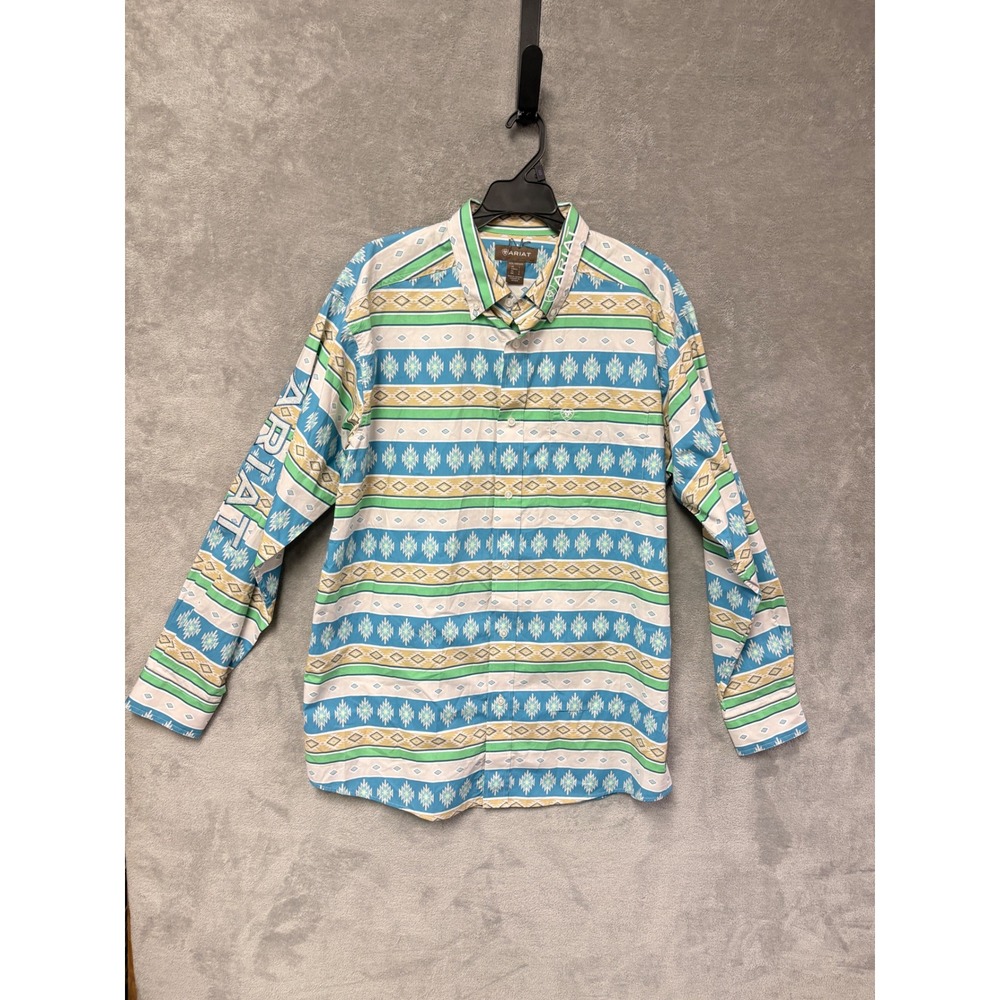 Ariat Mens Team Christian LS Shirt Blue Green Southwestern Western 10051523 L